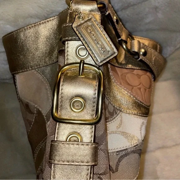 Coach Metallic Patchwork Shoulder Bag in Gold and Tan - Picture 6 of 7
